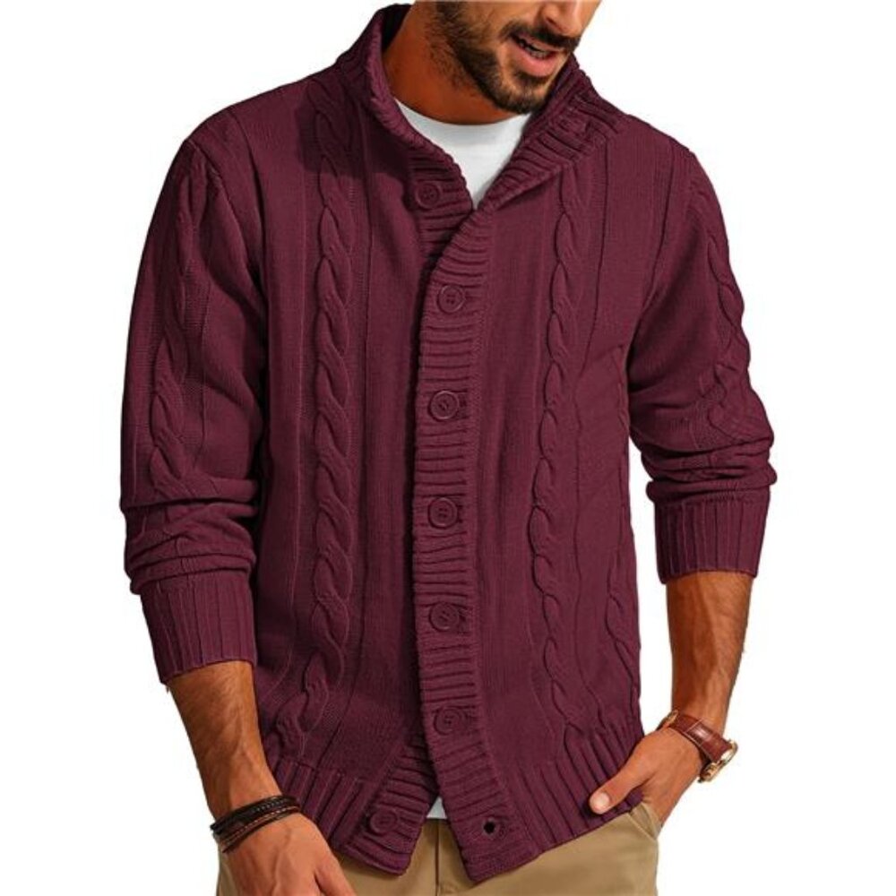 Men's Cardigan Sweater Stand Collar Long Sleeve Cable Knit Button Down Sweater